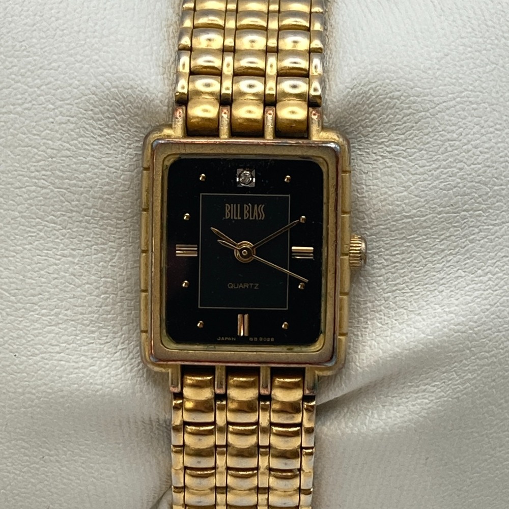 Vintage Bill Blass Women's Tank Watch Gold Tone Black Dial New Battery SMALL 6"
